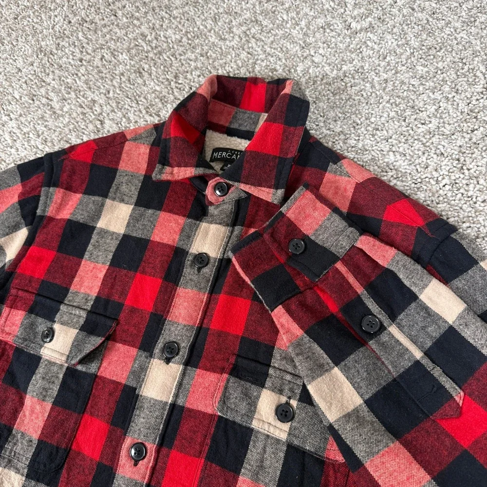 J Crew Shirt Jacket Mens XS Red Black Plaid Flannel Sherpa Lined Button Up G7023